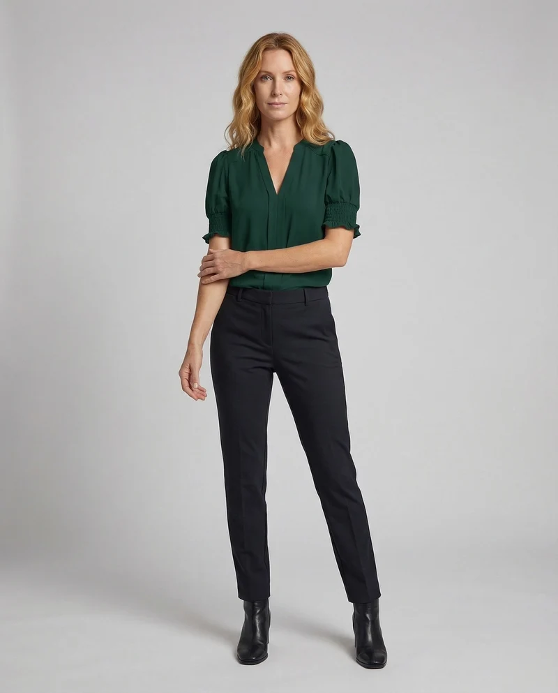 Damen V-Ausschnitt-Bluse Geraffte Puffärmel