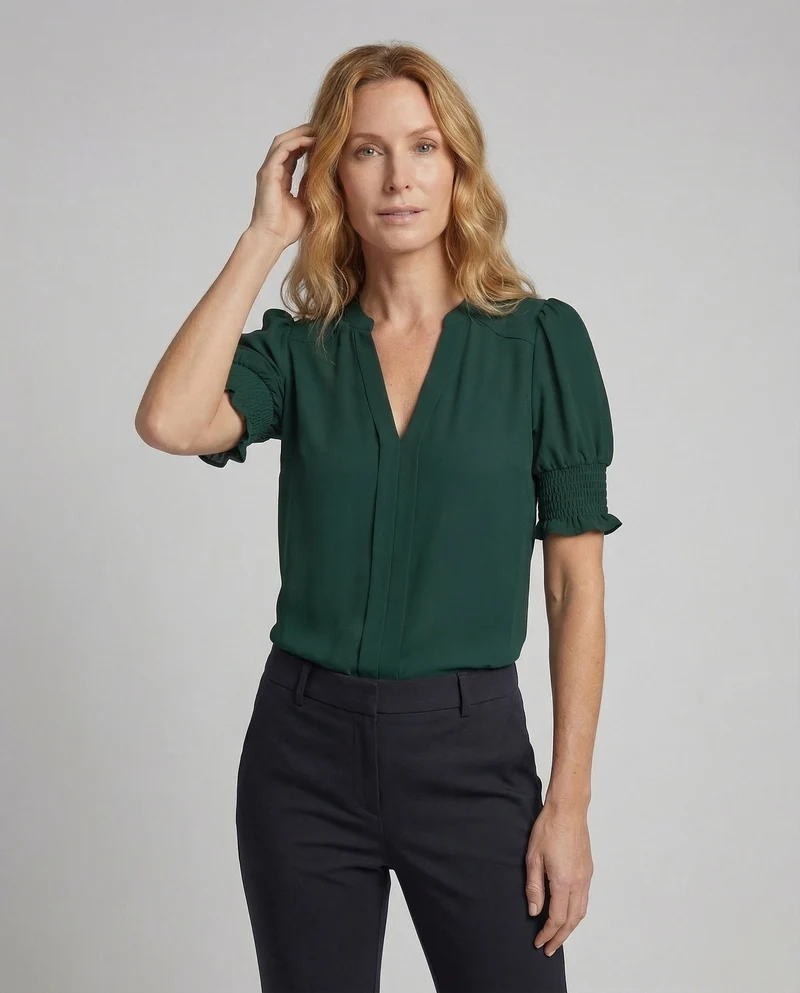 Damen V-Ausschnitt-Bluse Geraffte Puffärmel