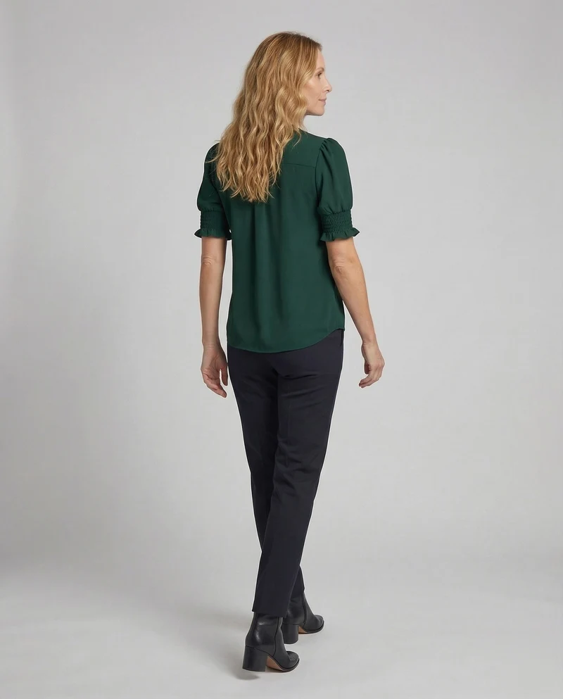 Damen V-Ausschnitt-Bluse Geraffte Puffärmel