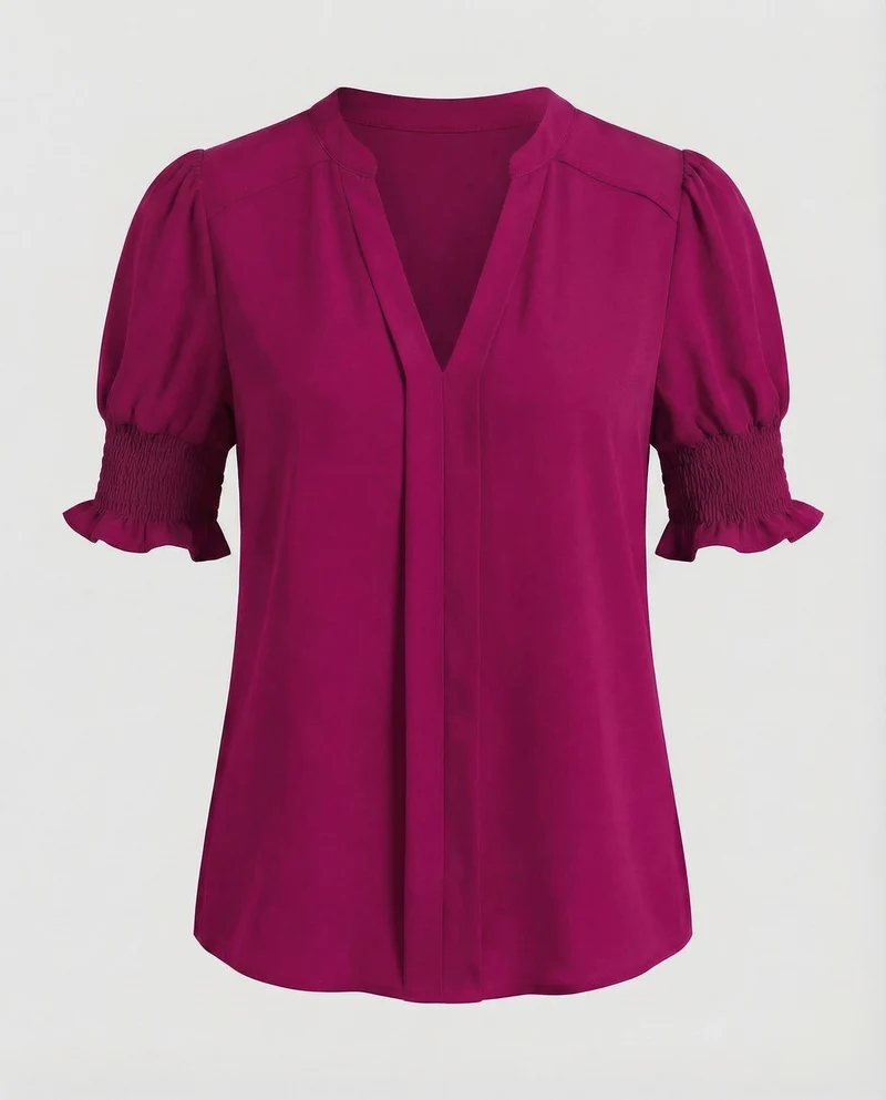 Damen V-Ausschnitt-Bluse Geraffte Puffärmel