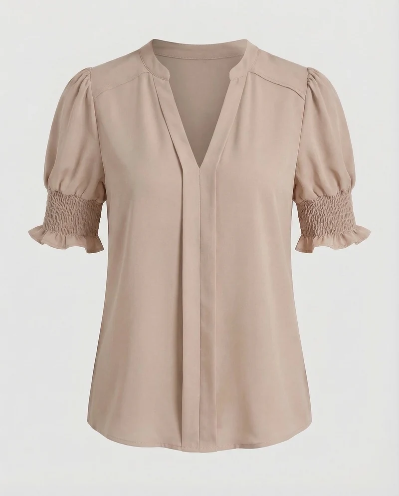 Damen V-Ausschnitt-Bluse Geraffte Puffärmel