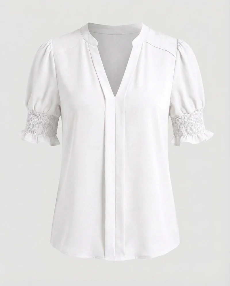 Damen V-Ausschnitt-Bluse Geraffte Puffärmel