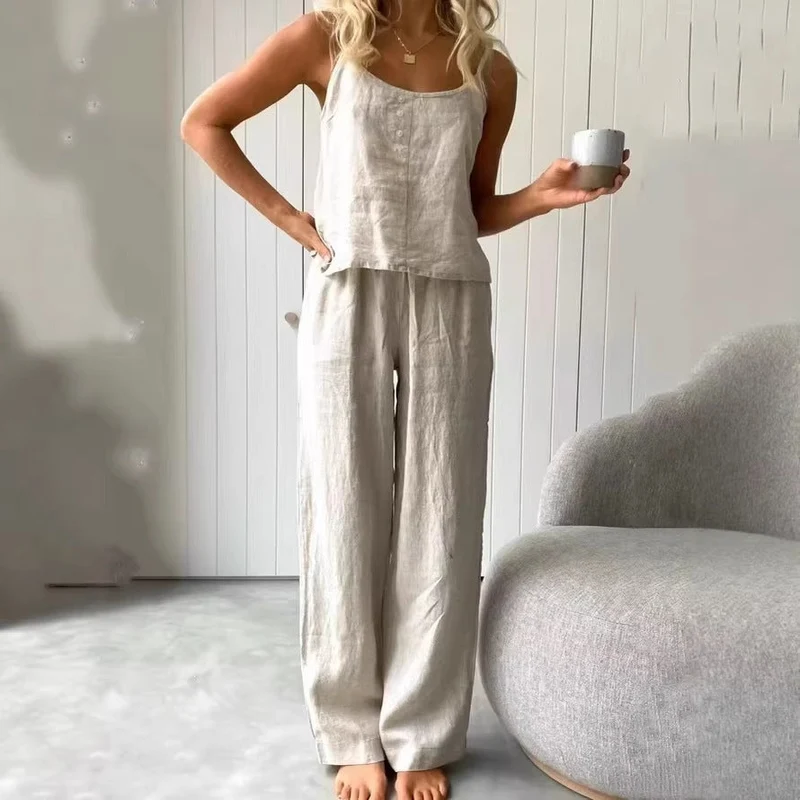Damen lässiges Leinen-Set mit Trägershirt und weiten Hosen Nord Taschen
