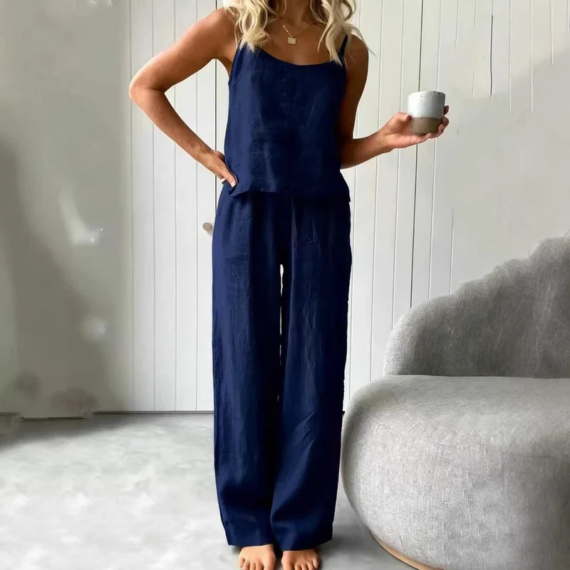 Damen lässiges Leinen-Set mit Trägershirt und weiten Hosen Nord Taschen
