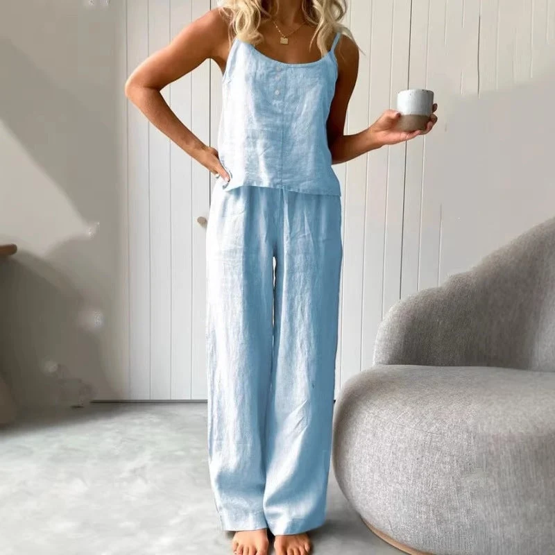 Damen lässiges Leinen-Set mit Trägershirt und weiten Hosen Nord Taschen