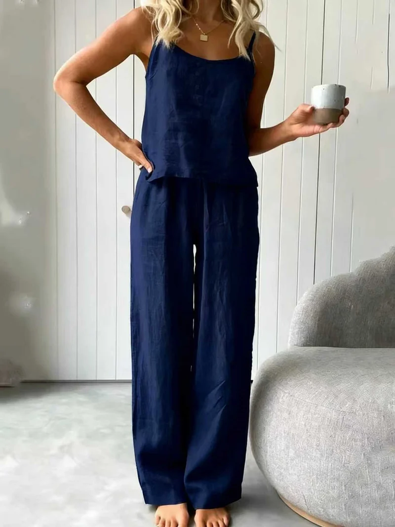 Damen lässiges Leinen-Set mit Trägershirt und weiten Hosen Nord Taschen