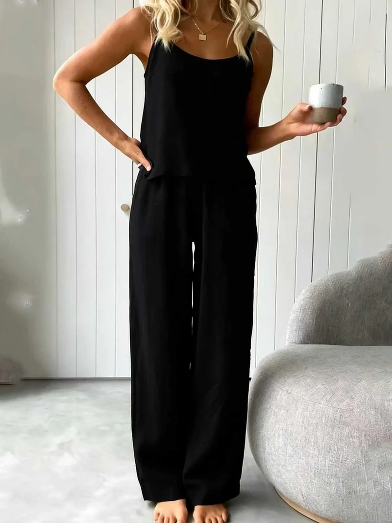 Damen lässiges Leinen-Set mit Trägershirt und weiten Hosen Nord Taschen