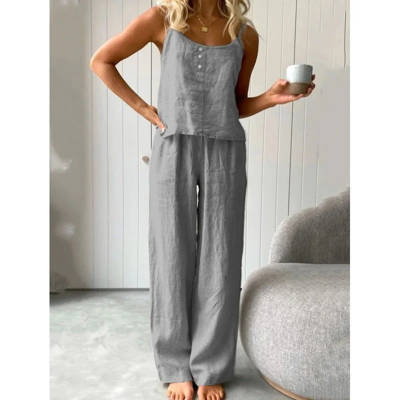 Damen lässiges Leinen-Set mit Trägershirt und weiten Hosen Nord Taschen