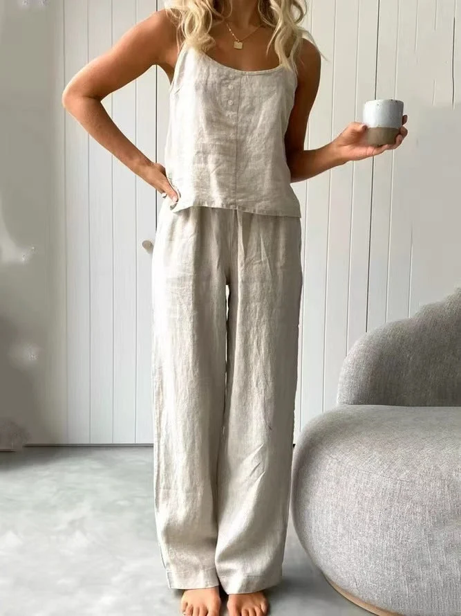 Damen lässiges Leinen-Set mit Trägershirt und weiten Hosen Nord Taschen