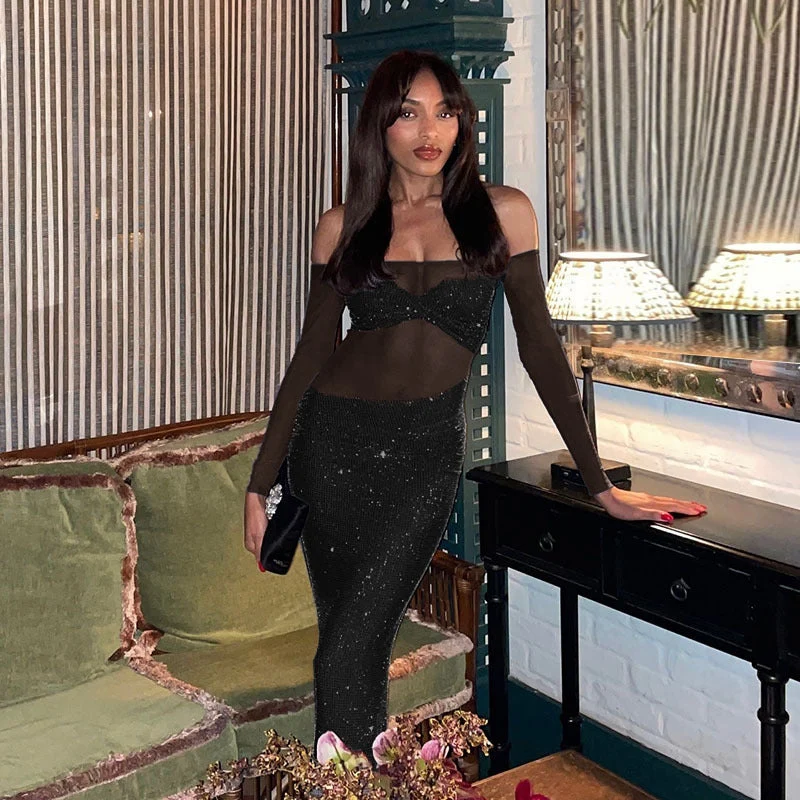 Damen schickes Abendkleid mit transparenten Ärmeln und Pailletten