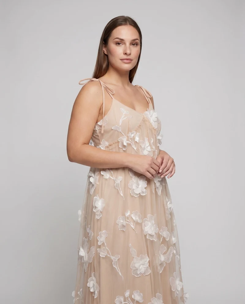 Damen Maxikleid Tüllüberwurf Blütenstickerei Bindeträger