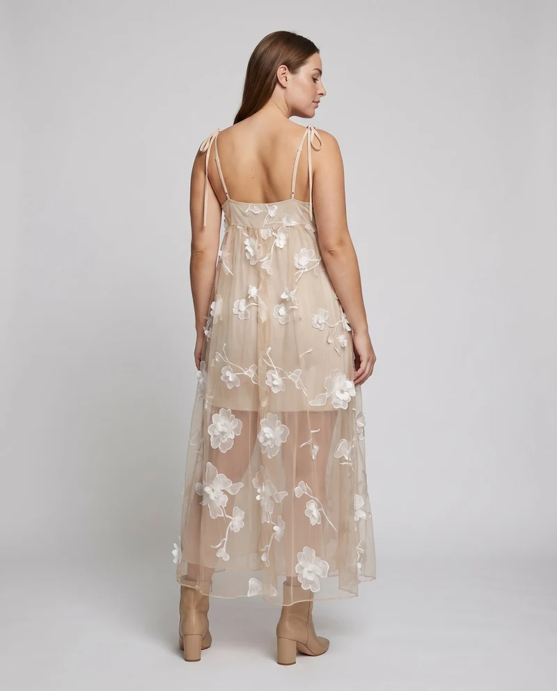 Damen Maxikleid Tüllüberwurf Blütenstickerei Bindeträger