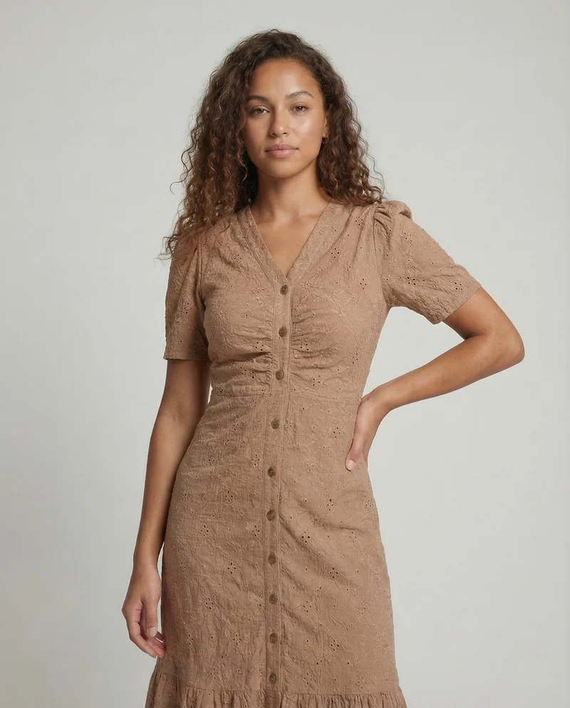 Damen Midikleid Lochstickerei Knopfleiste