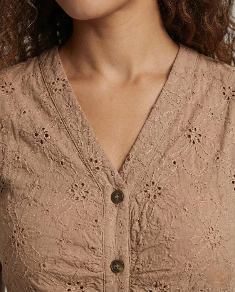 Damen Midikleid Lochstickerei Knopfleiste