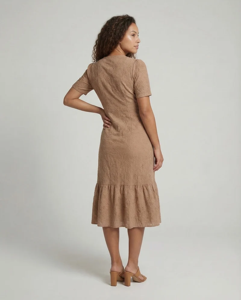 Damen Midikleid Lochstickerei Knopfleiste