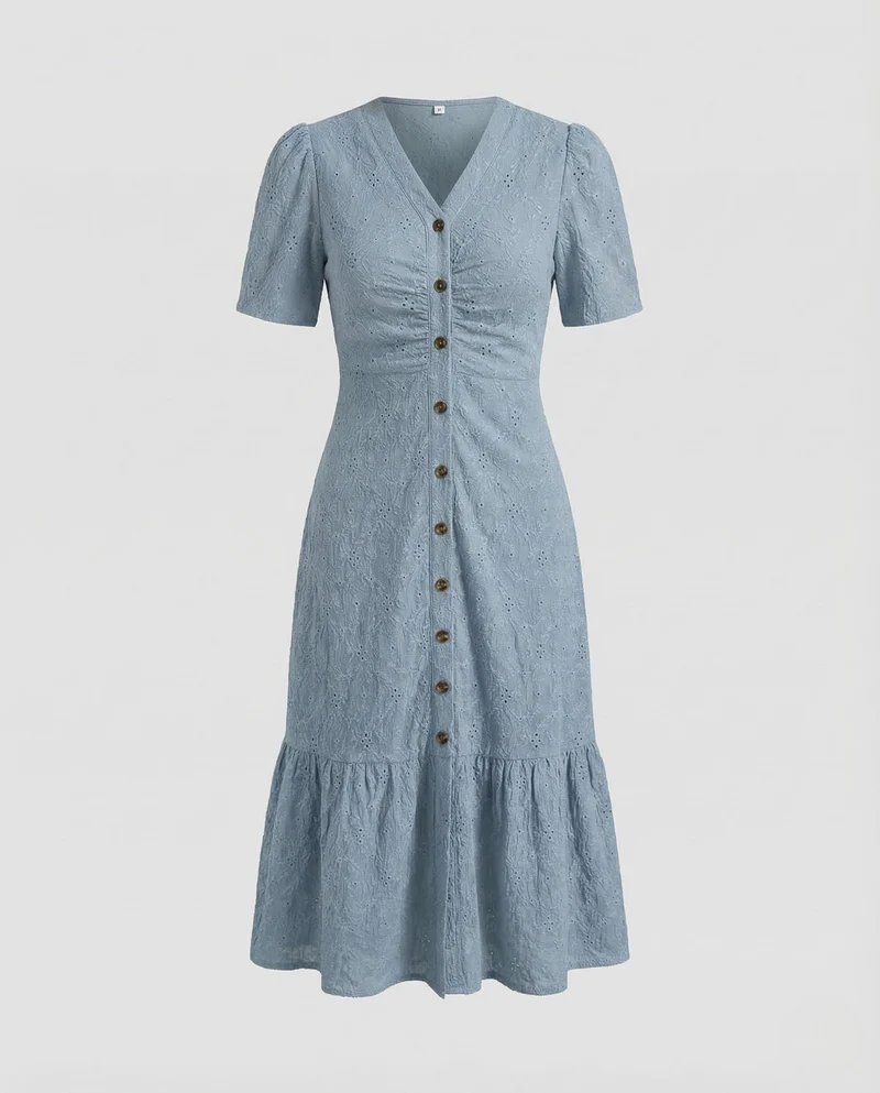 Damen Midikleid Lochstickerei Knopfleiste