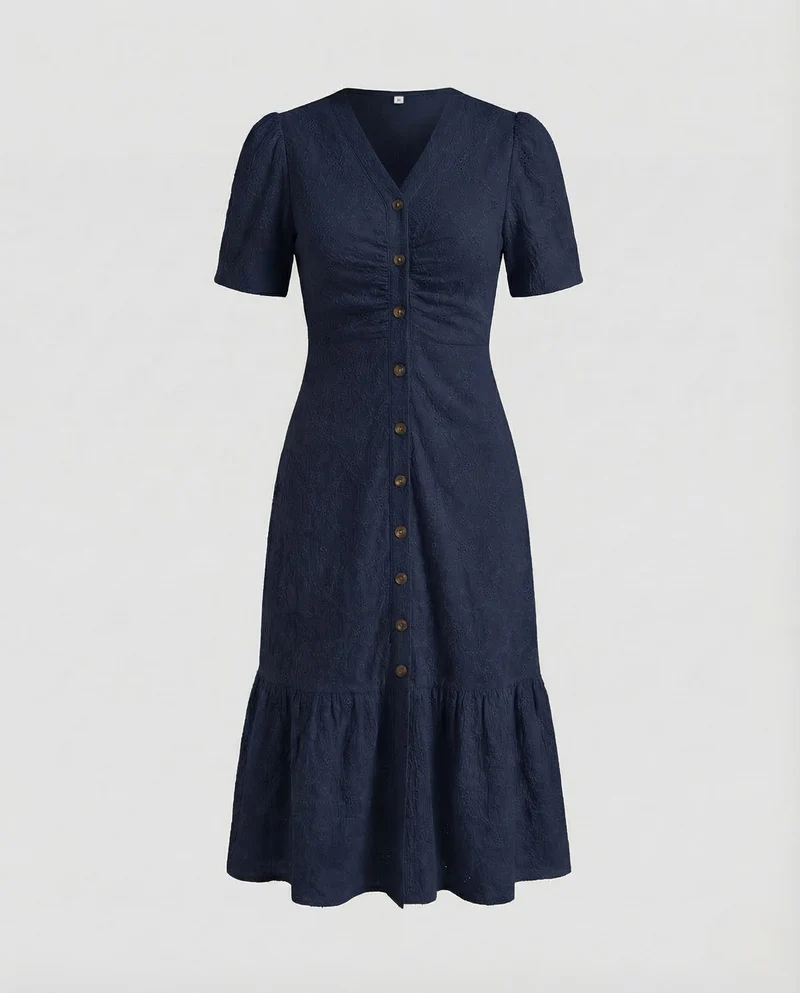 Damen Midikleid Lochstickerei Knopfleiste