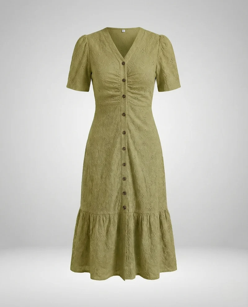 Damen Midikleid Lochstickerei Knopfleiste