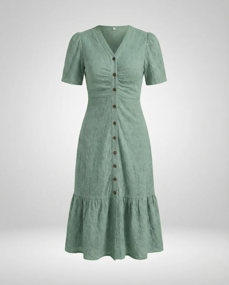 Damen Midikleid Lochstickerei Knopfleiste