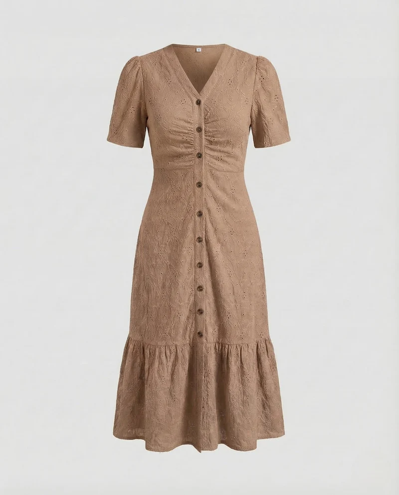 Damen Midikleid Lochstickerei Knopfleiste