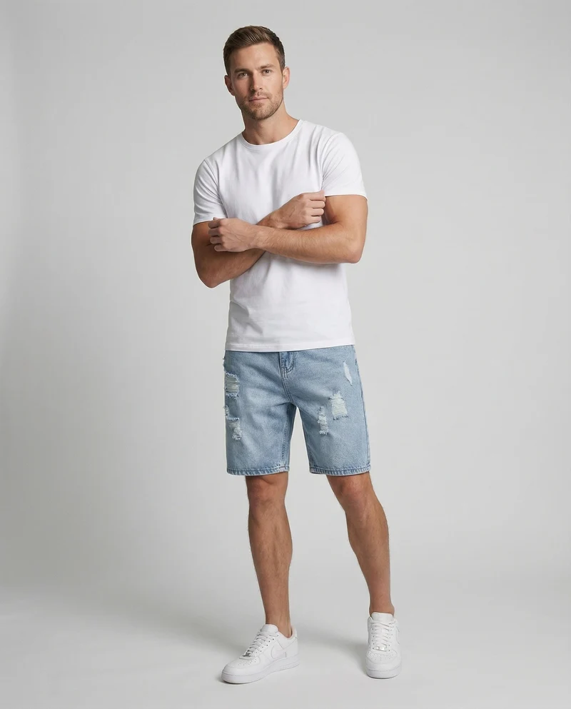 Herren Denim-Bermuda Knielang Riss Fünf-Taschen