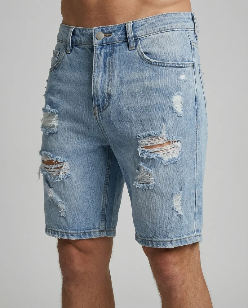 Herren Denim-Bermuda Knielang Riss Fünf-Taschen