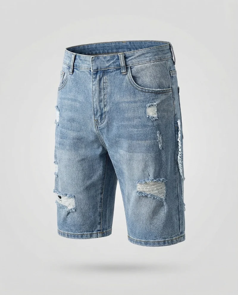 Herren Denim-Bermuda Knielang Riss Fünf-Taschen