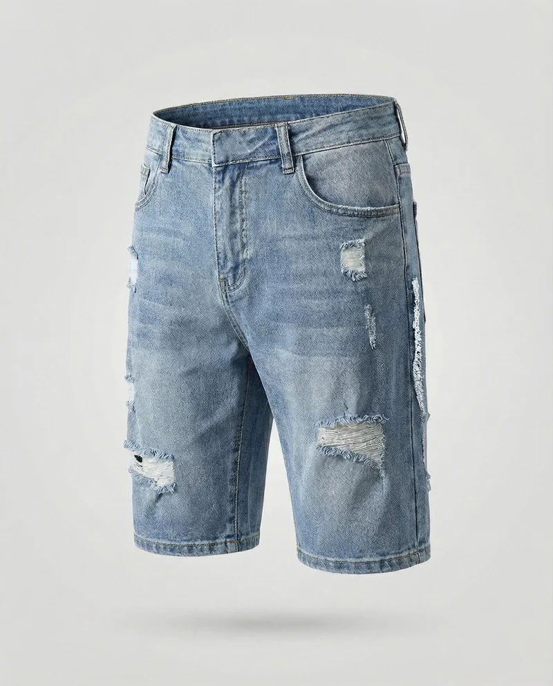 Herren Denim-Bermuda Knielang Riss Fünf-Taschen