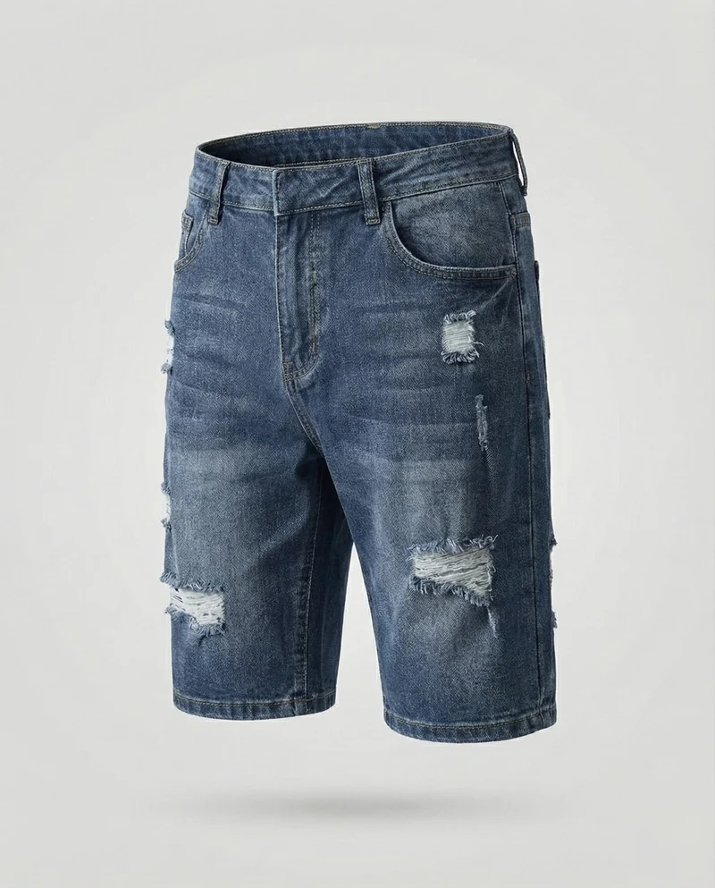 Herren Denim-Bermuda Knielang Riss Fünf-Taschen