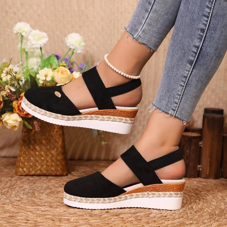 Damen Bequeme Espadrilles mit elastischen Riemen und dekorativem Bastbesatz