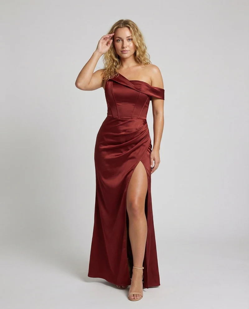 Damen Skulpturale Gedrehter-Ausschnitt Satin-Maxi