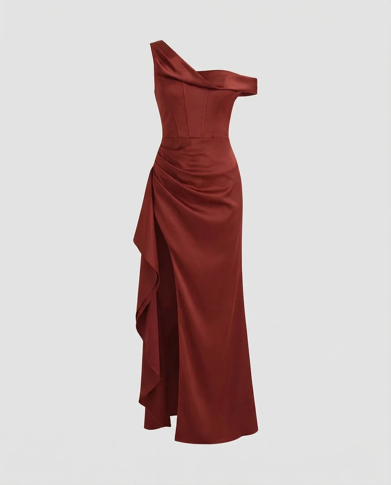 Damen Skulpturale Gedrehter-Ausschnitt Satin-Maxi