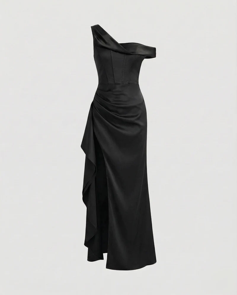 Damen Skulpturale Gedrehter-Ausschnitt Satin-Maxi