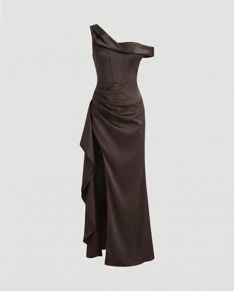Damen Skulpturale Gedrehter-Ausschnitt Satin-Maxi