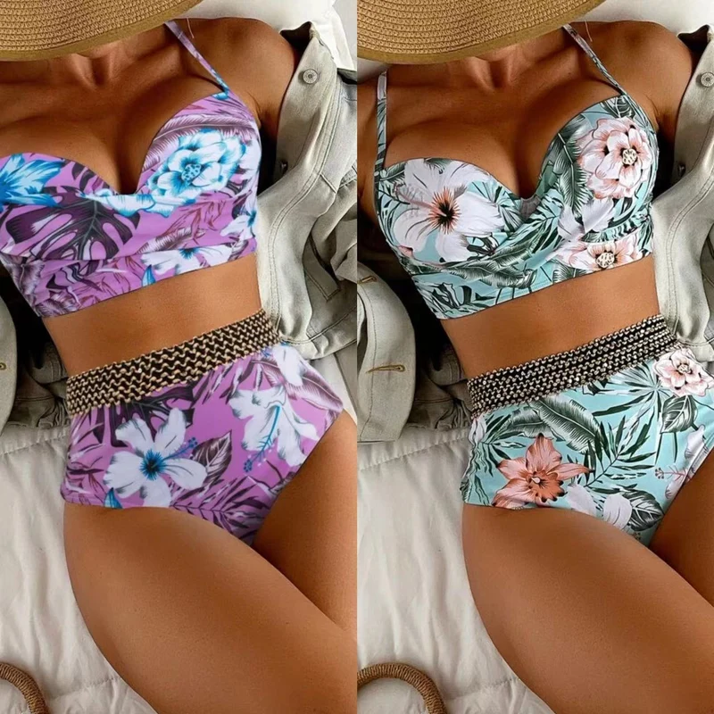 Damen Hochtaillierter Bikini mit floralem Oberteil Nord Taschen