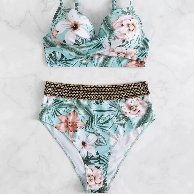 Damen Hochtaillierter Bikini mit floralem Oberteil Nord Taschen