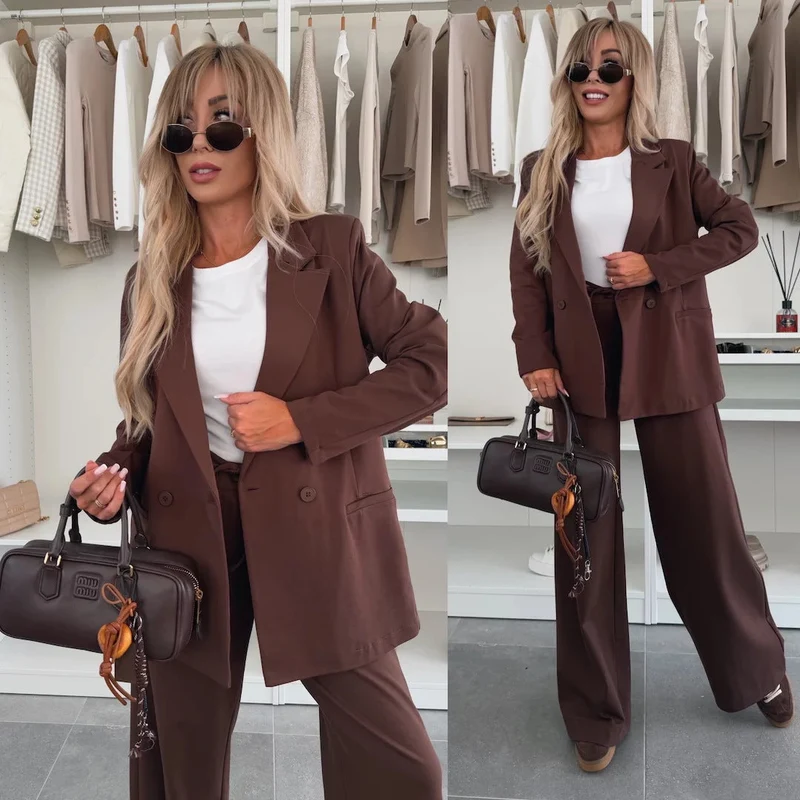 Damen eleganter und lässiger Hosenanzug mit weitem Bein und Blazer Nord Taschen