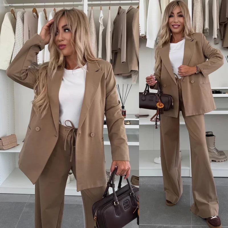 Damen eleganter und lässiger Hosenanzug mit weitem Bein und Blazer Nord Taschen