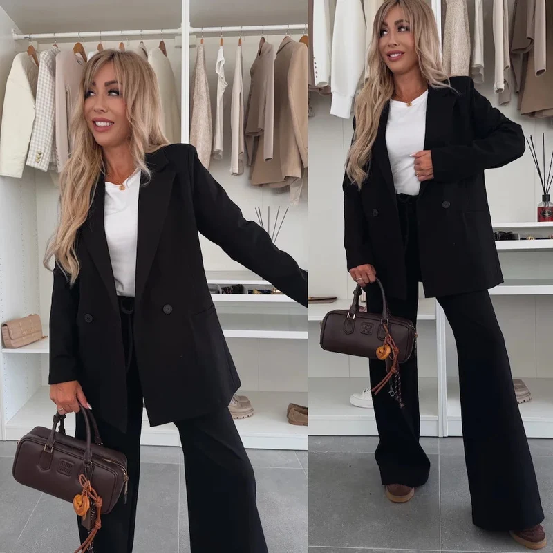 Damen eleganter und lässiger Hosenanzug mit weitem Bein und Blazer Nord Taschen