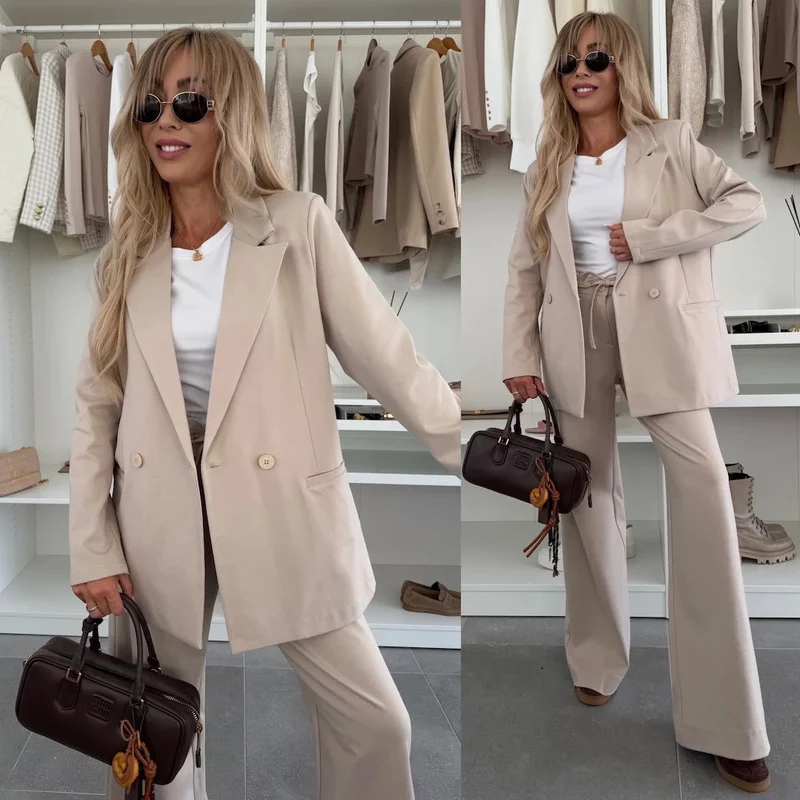 Damen eleganter und lässiger Hosenanzug mit weitem Bein und Blazer Nord Taschen