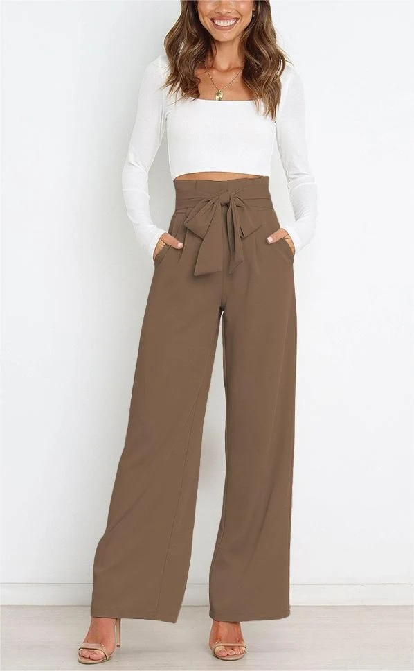 Damen Weit geschnittene High-Waist-Hose mit Binde-Gürtel und Taschen