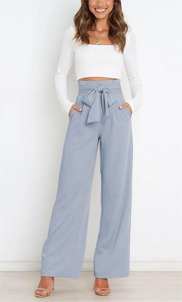 Damen Weit geschnittene High-Waist-Hose mit Binde-Gürtel und Taschen