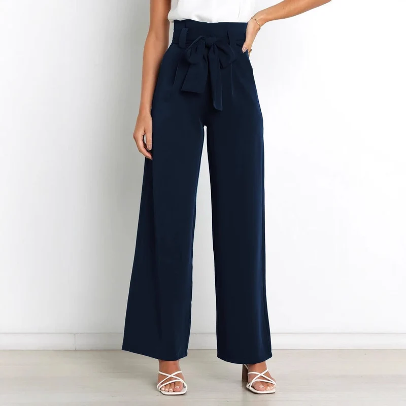 Damen Weit geschnittene High-Waist-Hose mit Binde-Gürtel und Taschen