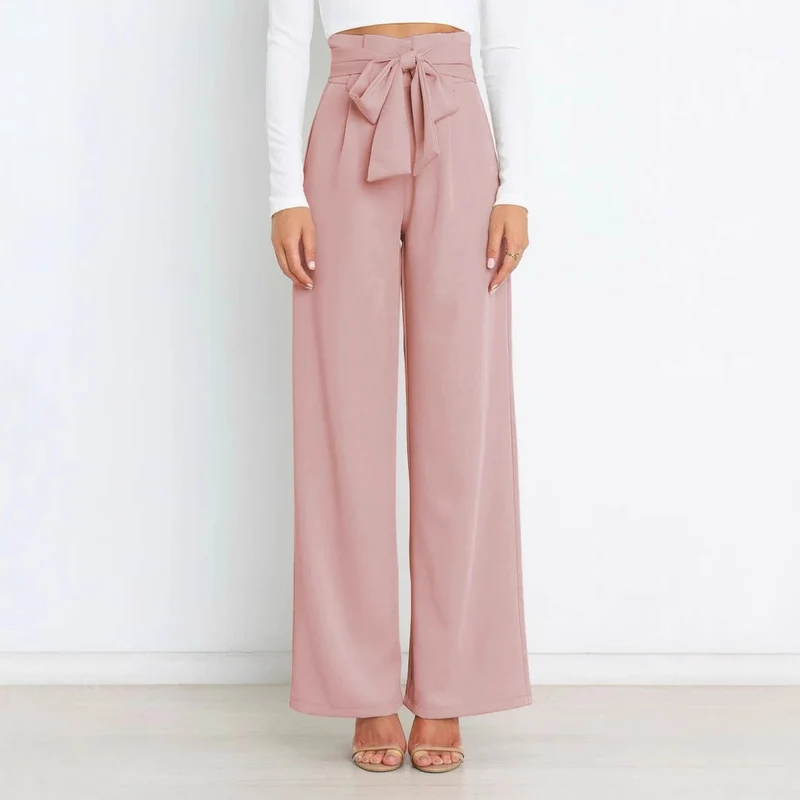 Damen Weit geschnittene High-Waist-Hose mit Binde-Gürtel und Taschen
