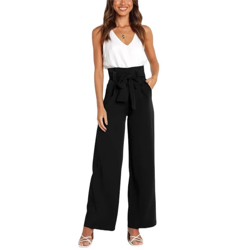 Damen Weit geschnittene High-Waist-Hose mit Binde-Gürtel und Taschen