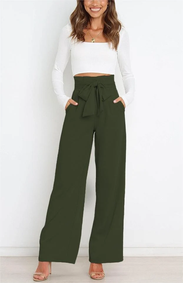Damen Weit geschnittene High-Waist-Hose mit Binde-Gürtel und Taschen