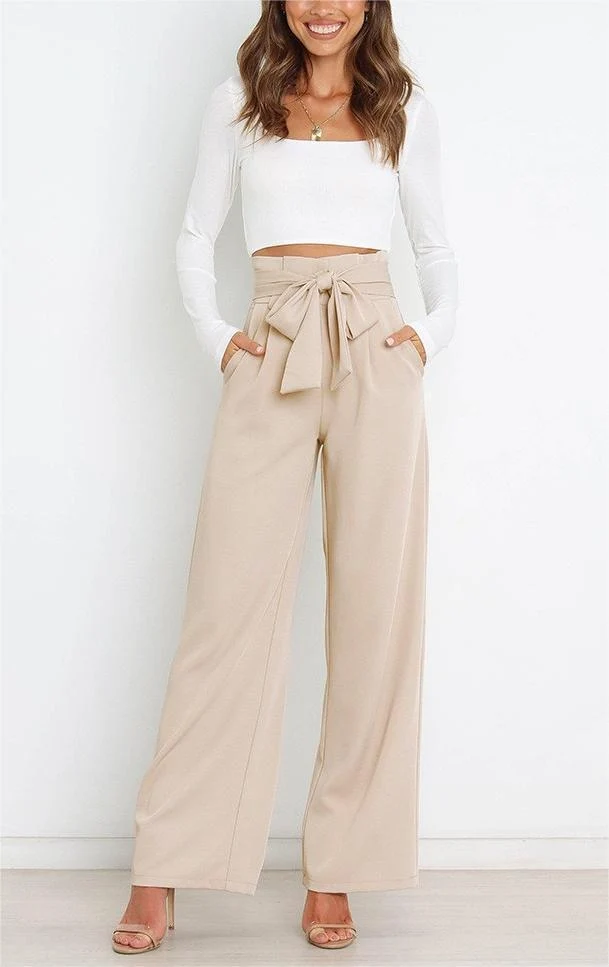 Damen Weit geschnittene High-Waist-Hose mit Binde-Gürtel und Taschen