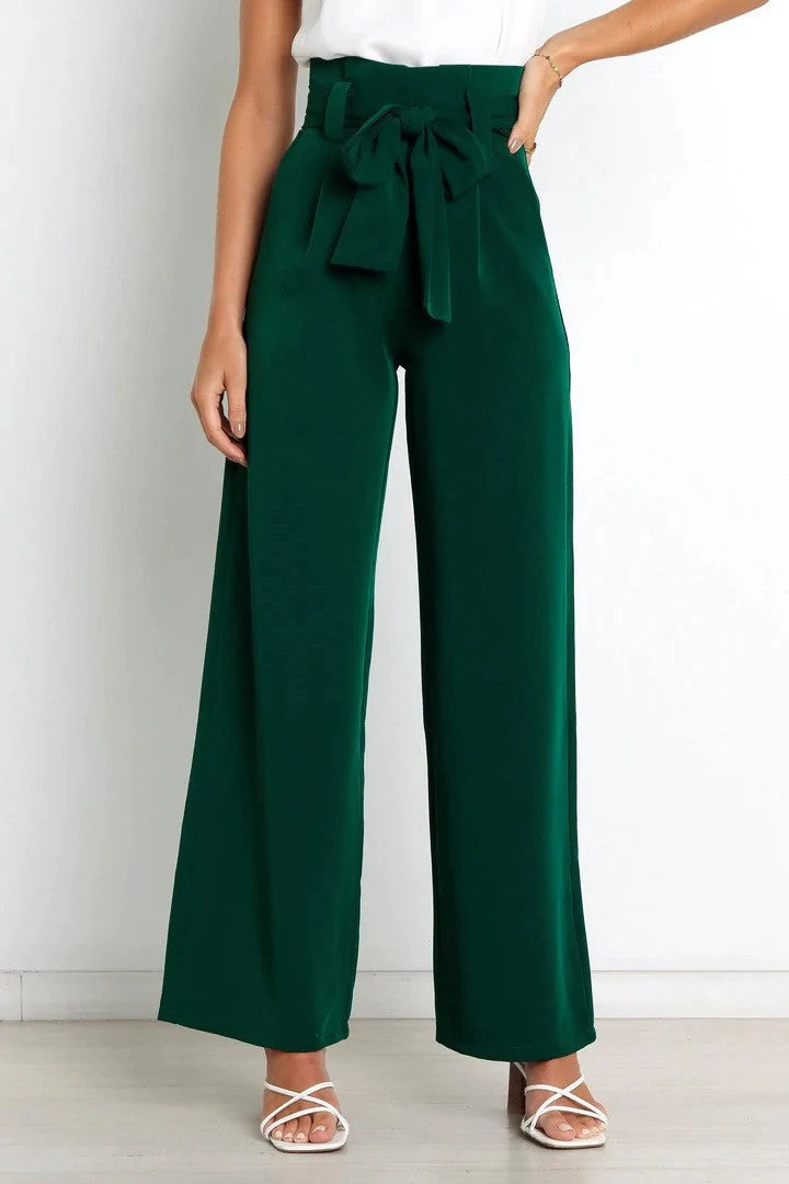 Damen Weit geschnittene High-Waist-Hose mit Binde-Gürtel und Taschen