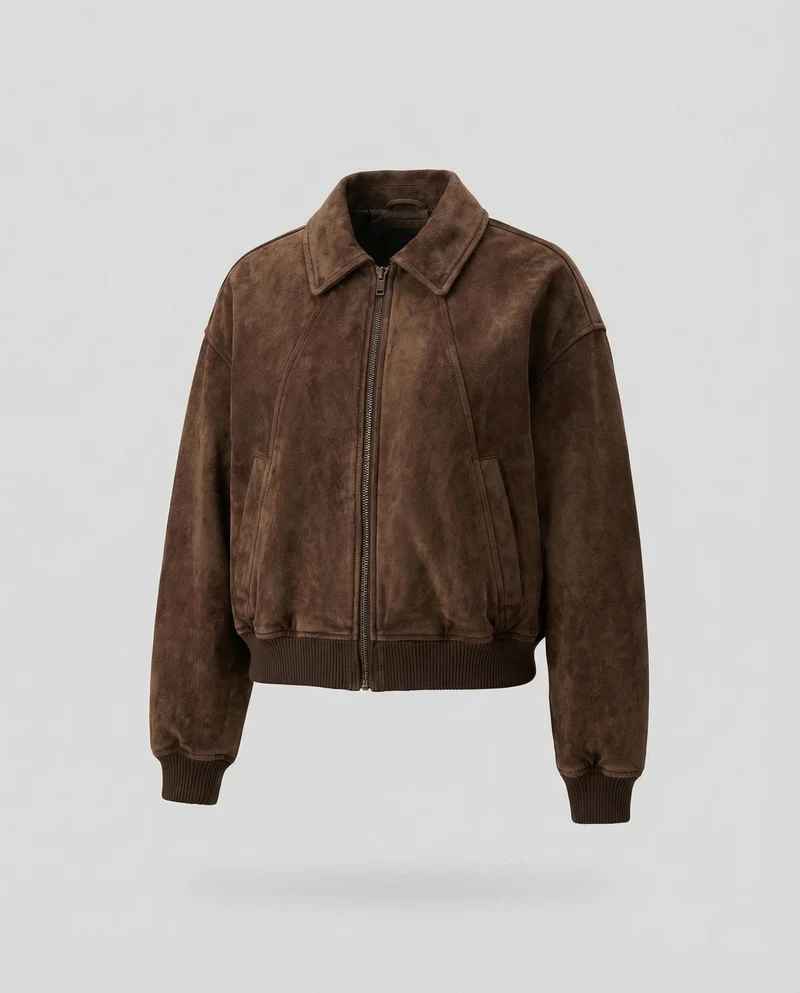 Damen Veloursleder Bomberjacke Weit