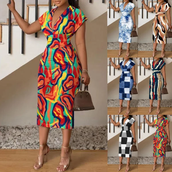 Damen Midi-Kleid mit modernem abstraktem Streifenmuster